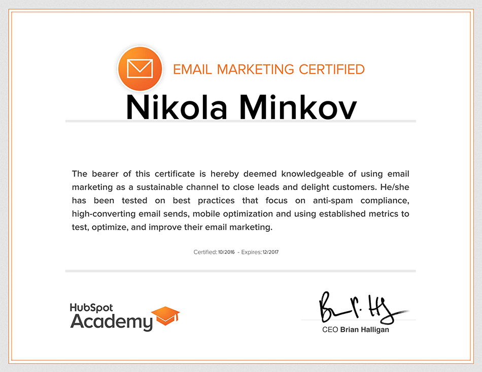 Email Marketing Certified Nikola Minkov 2017 - HubSpot Academy