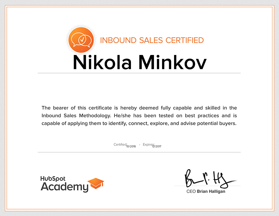 Inbound Sales Certified Nikola Minkov 2017 - HubSpot Academy