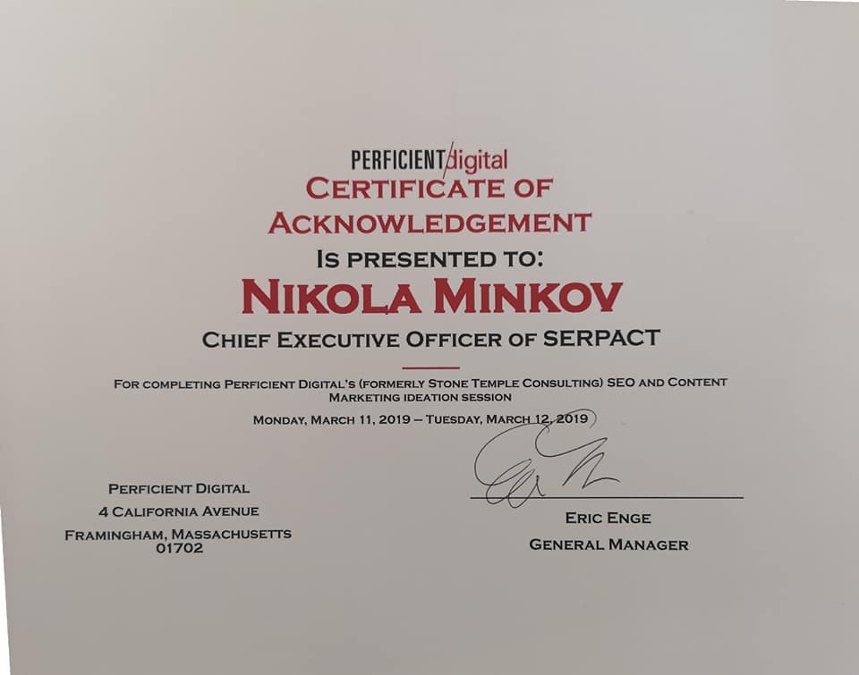 Сертификат на Никола Минков /Serpact/ от Eric Enge /Perficient Digital/. 