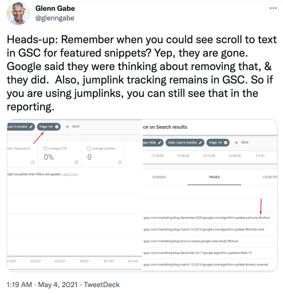 Туит на Glenn Gabe за спирането на Google Search Console да отчита при Scroll to Text