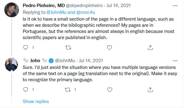 Туит, в който John Mueller споделя съвет, че трябва да се избягва поставянето на различни езикови версии на едно и също съдържание в една страница