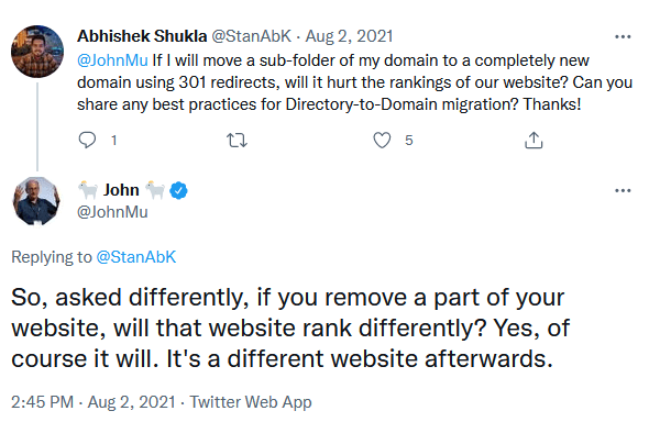 John Mueller от Google споделя в Twitter, че сайтът ще класира различно след като се премахне част от него.