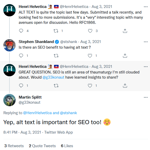 Martin Splitt споделя в Twitter като коментар, че alt текстът е важен за SEO