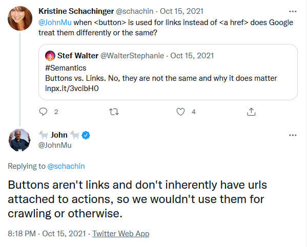 Туит, в който John Mueller от Google казва, че button-атрибутите не са линкове, съответно не се използват за обхождане