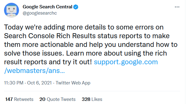 Google обяви в Twitter, че добавя повече детайли към грешки в отчетите за състоянието на богатите резултати в Google Search Console