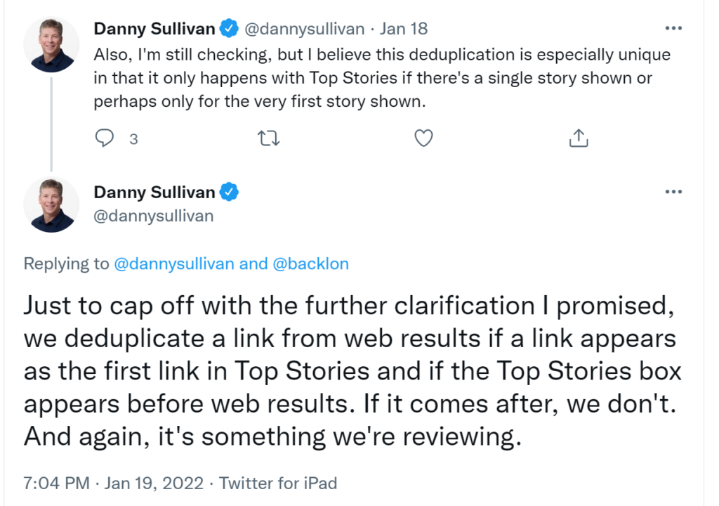 Туит на Danny Sullivan от Google относно дедупликацията на Top Stories