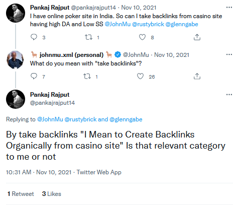 въпрос в Twitter относно създаване на backlink-ове