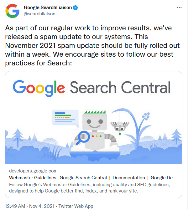 Туит от Google SearchLiaison за Spam update