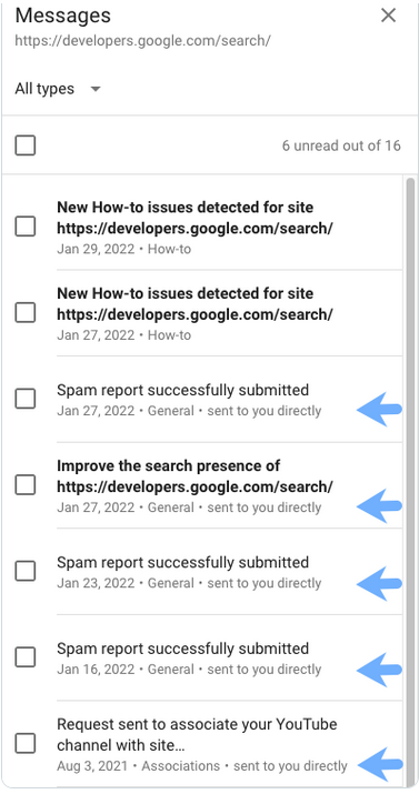 Пример на съобщенията, които Google добавя в Search Console