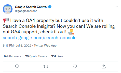 Туит от Google Search Central относно пускането на GA4