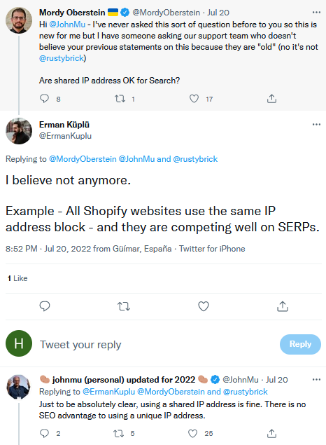 John Mueller в Twitter сподели, че използването на споделен IP адрес е напълно нормално