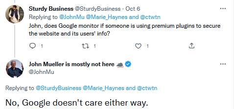 Туит за това, че за Google нямат значение премиум плъгините