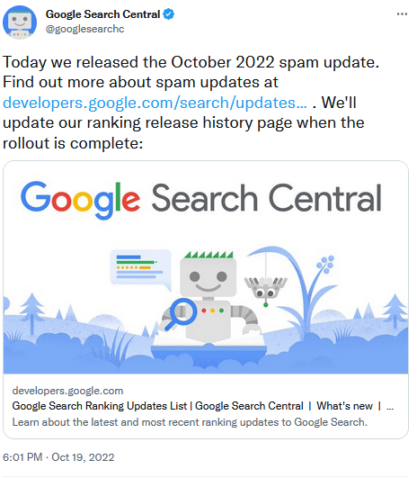 Туит за октомврийския Google Spam Update